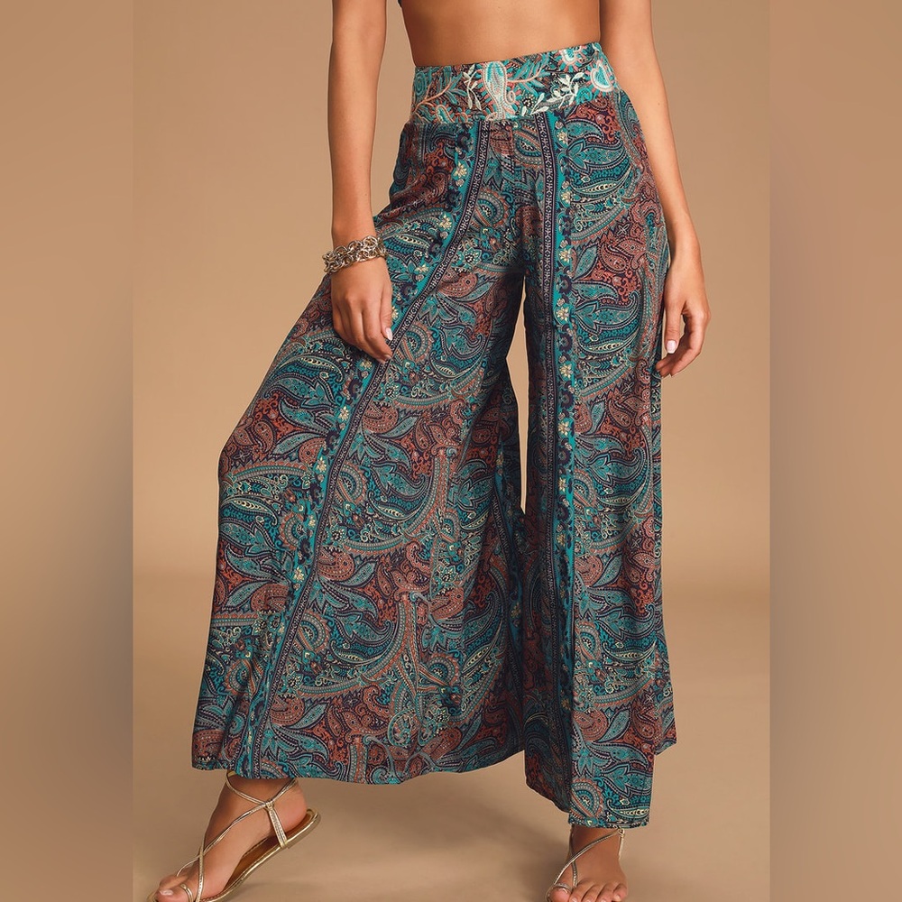 Raga Mystic Garden Turquoise Paisley Print Embroidered Wide-Leg Pants Size Large